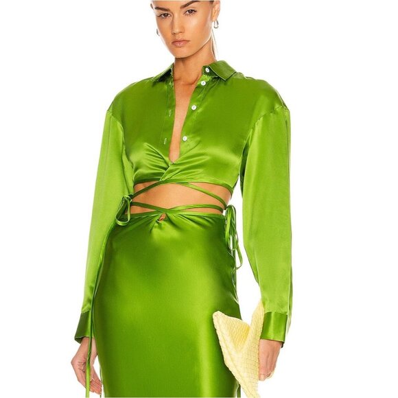 CHRISTOPHER ESBER Cropped Silk Satin Tie Top Shirt Apple Green Size 6 - Picture 1 of 3